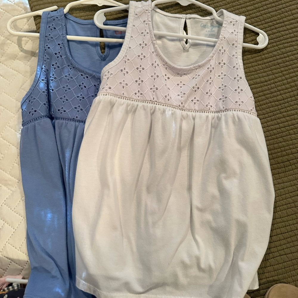 Girls Sleeveless Eyelet Tops - Blue and White